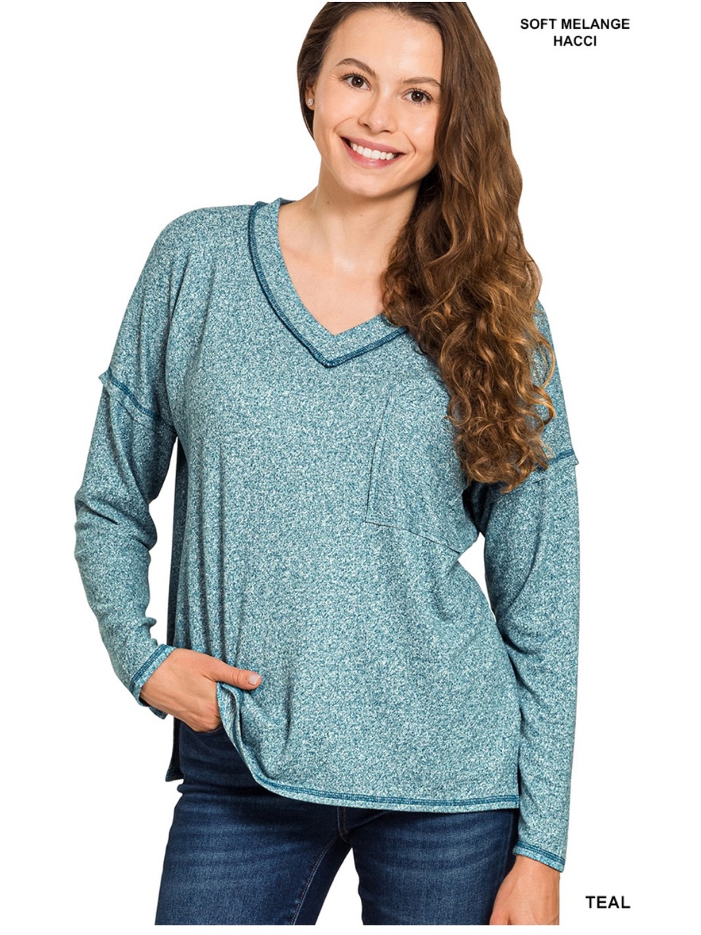 Zenana Melange Teal V Neck Long Sleeve Top